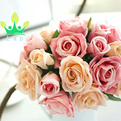 LMD Artificial Flowers, Silk Flowers Plastic Artificial Roses 9 Heads Bridal Wedding Bouquet for Home Garden Wedding Decoration