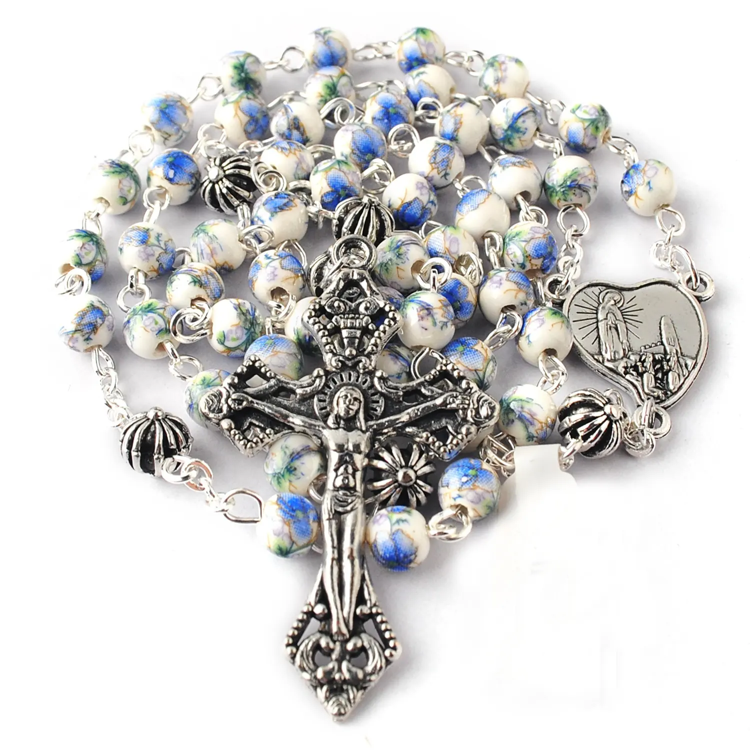 6mm Light Blue Ceramic Beads with Flower Painting with Anti-Silver Cross Glory Beads Rosary Necklace for Boy First Rosary