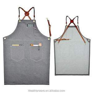 Delantal de Cocina Cruzado de Mezclilla con Correa de Cuero Genuino - Product Image 1