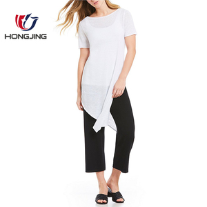 Bateau cuello <span class=keywords><strong>manga</strong></span> corta orgánica linenTunic Pullover construcción asimétrico dobladillo cerca lado - Product Image 1