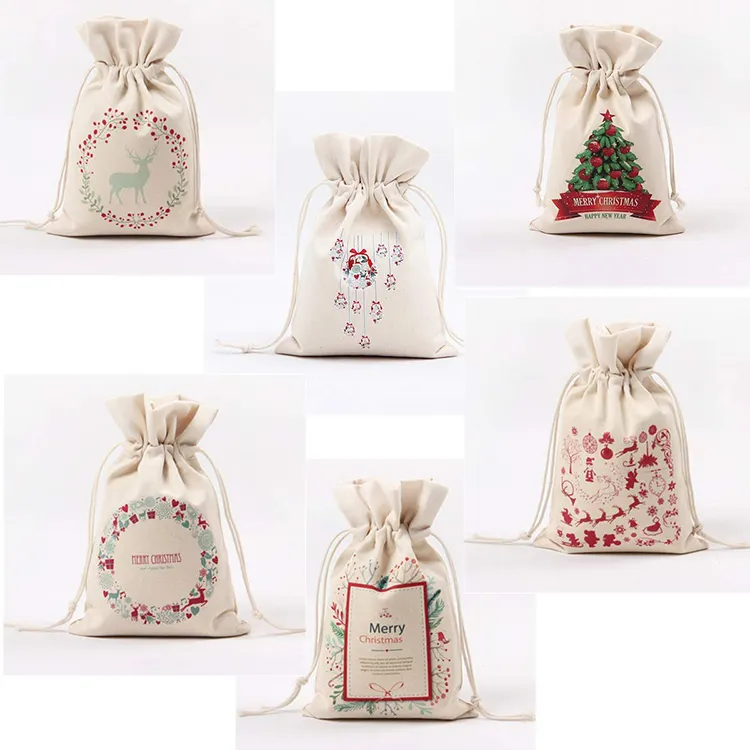 Низкая цена, оптовая продажа, тканевые подарочные хлопковые мешки, Рождественская сумка на шнурке с логотипом