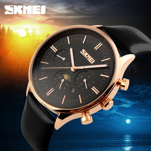 OEM Cuero genuino negro esfera de un <span class=keywords><strong>reloj</strong></span> para hombre fecha <span class=keywords><strong>reloj</strong></span> con <span class=keywords><strong>3</strong></span> ojos de fase Lunar - Product Image 1