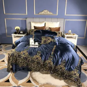 European style fancy cotton embroidery lace comforter cover blue luxury palace bed sheet bedding sets supplier