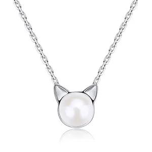 Cute 925 Sterling Silver Cat Pearl Pendant Necklace Jewellery