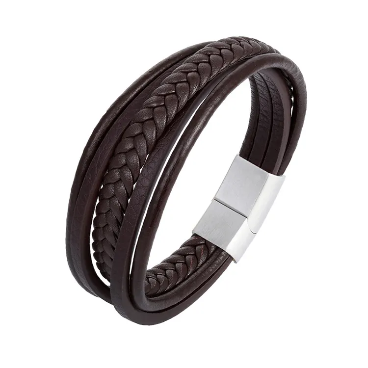 Bracelet en cuir tressé de haute qualité à bas prix fabriqué en usine Bracelet en cuir avec boucle magnétique et logo personnalisé pour homme