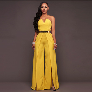 Sexy senza maniche di colore solido delle donne della tuta <span class=keywords><strong>con</strong></span> allentato fessura del lato <span class=keywords><strong>pantaloni</strong></span> e <span class=keywords><strong>pantaloni</strong></span> - Product Image 1