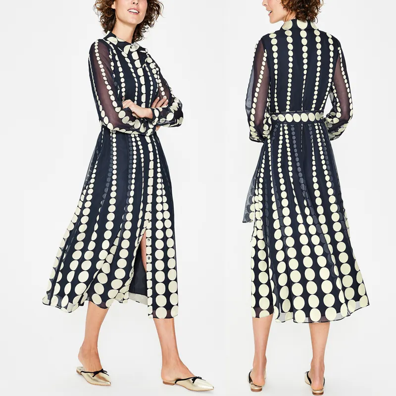 Bán Buôn Mới Thời Trang Chất Lượng Cao Thương Hiệu Phụ Nữ Dài Tay Áo Maxi Polka Dot Dress