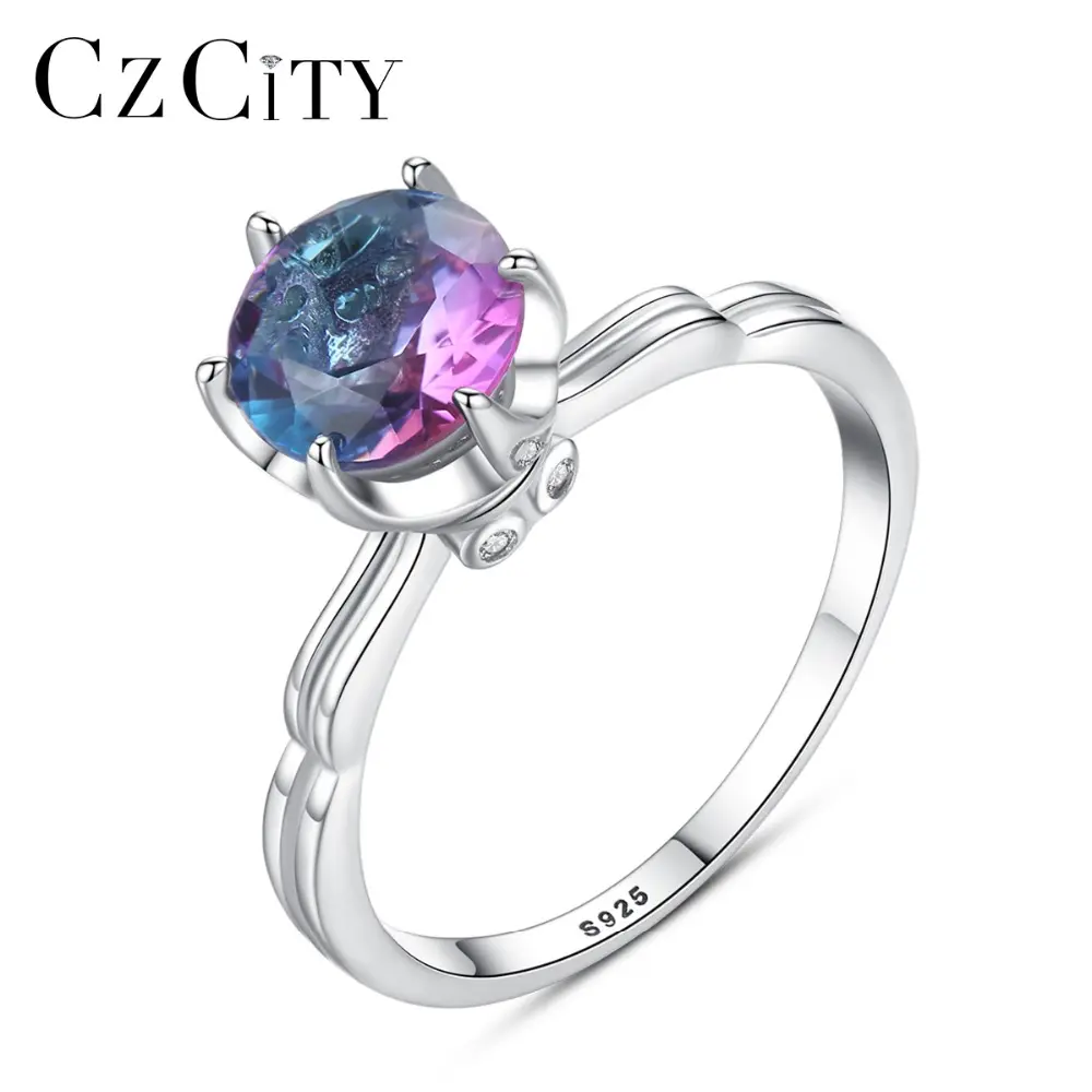 CZCITY 6 शूल आग फकीर पुखराज 925 चांदी उंगली के लिए बैंगनी इंद्रधनुष रंग रत्न चांदी की अंगूठी डिजाइन लड़की