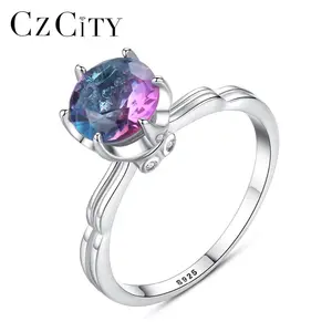 Czcity 6 Prong Fire Mystic Topaz 925 Zilveren Vinger Paars Regenboog Kleur Edelsteen Zilveren Ring Ontwerpen Voor Meisje