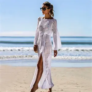 Robe de plage blanche longue en Crochet, tricot, Cover-up, tunique, paréos, vêtements pour la plage, sarong pour les maillots de bain, 2019