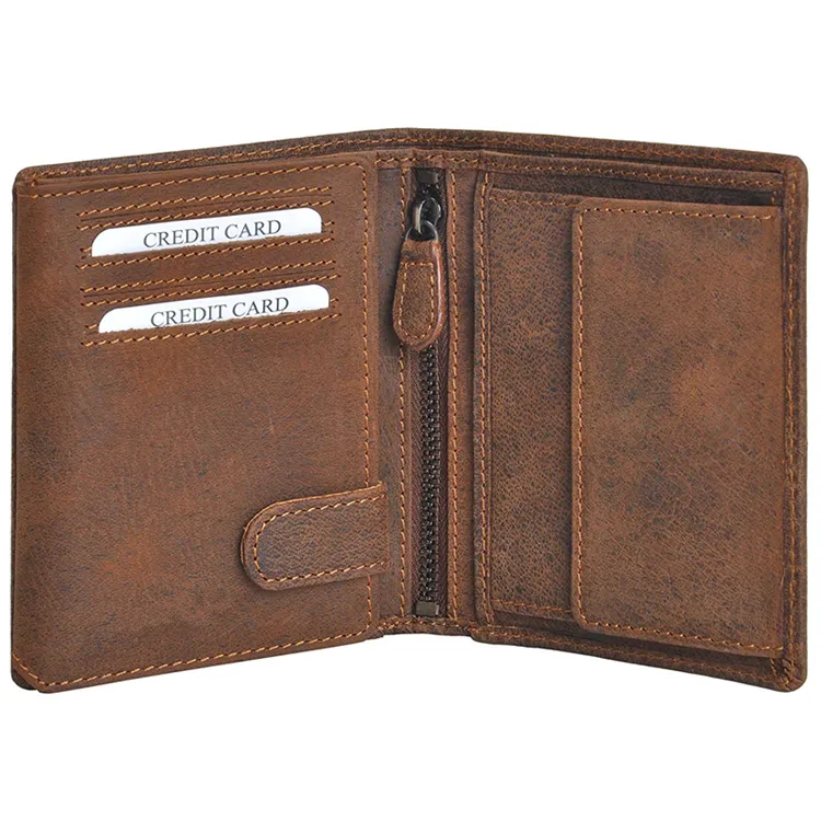 Mens Wallets Italy Bifold Flip ID Leather Wallet Vertical Slots Coin and Zip Compartment RFID Blocking