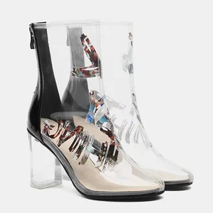 WETKISS Factory Supply Cheap Ladies Transparent High Block Heel Boots Fashion Graffiti Clear PVC Boots Mature Women Ankle Boots