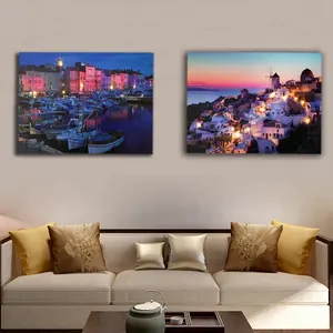 絵画の装飾サントリーニ島の夕日とボート港の夜の壁の写真はキャンバスアートをライトアップした装飾アートワークを印刷しました