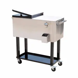 80 Qt Outdoor Patio Koeler Tafel Met Wielen, Rvs Rolling Cooler Met Plank