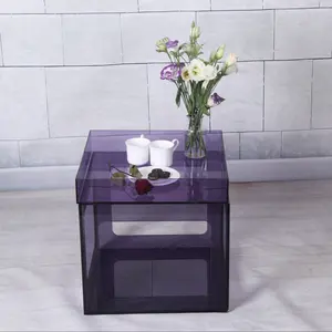 独特的设计立方体形状紫色丙烯酸咖啡托盘桌与存储篮子
