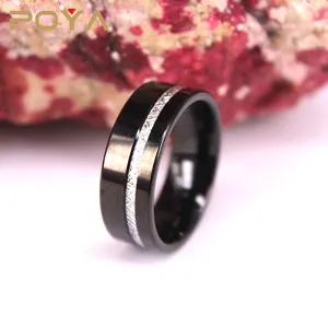 POYA Jewelry-Anillo de boda de tungsteno para hombre y mujer, 8mm, incrustaciones de meteorito negro y gris, corte plano, línea de compensación pulida cepillada