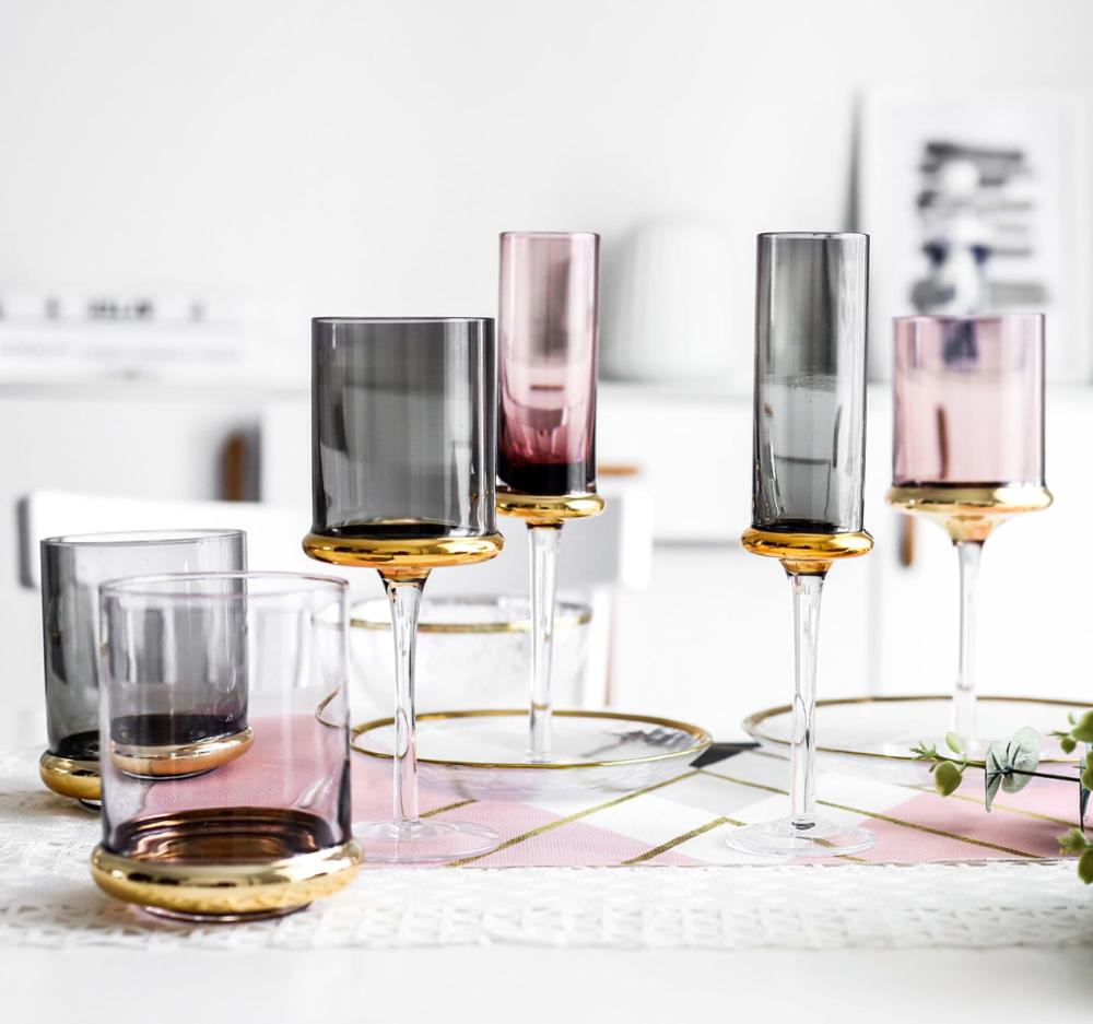 Hand Blown Crystal Wine Glasses  Gold Rim Grey Colored Wine Glass Champagne glass