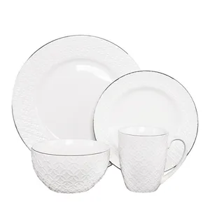 Conjunto de jantar de porcelana com borda branca, gravação em formato redondo, 16 peças