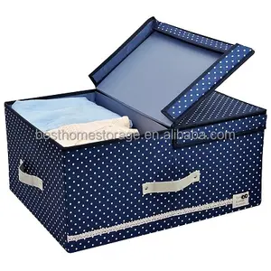 Jumbo Foldable Thick Polyester Storage Bin Clothes Organizer Box with Lid and Removable Divider, 60 L, Blue Dot with Navy Blue T