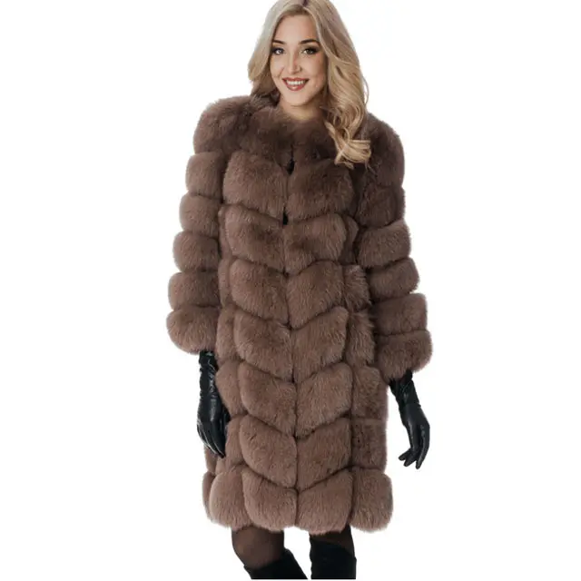 Hot Sale Brown Fox Fur Coat &Jacket Long Style Best Quality O-Neck For Lady