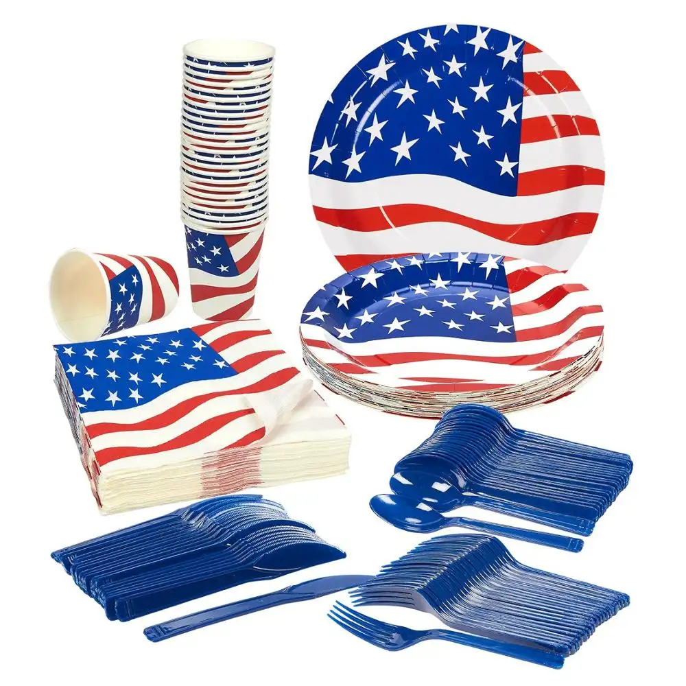 American Flag Party Supplies Teller Messer Löffel Gabeln Tassen und Servietten für USA America Themed Parties