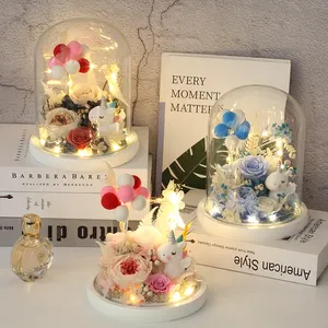 Рекламный подарок Ночной светильник в виде единорога консервированные розы в стеклянном куполе со светодиодом для подарка девушке