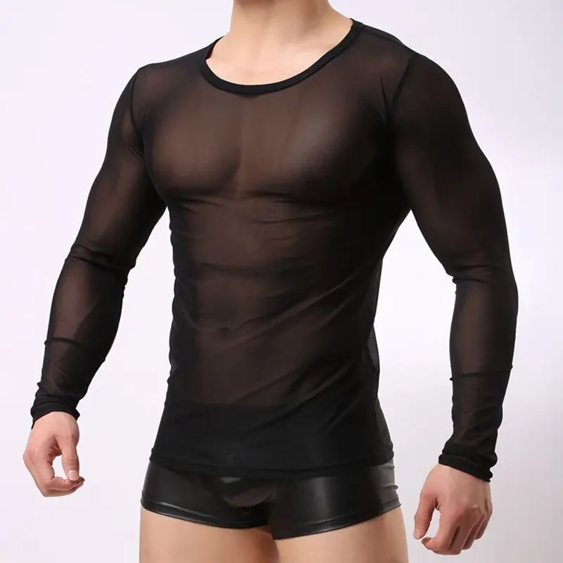 탑 티 패션 브랜드 새로운 디자인 Fishnet 재미 T 셔츠 긴 소매 한국어 스타일 Undershirt 블랙 남성