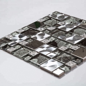 Souls <strong>Crafts</strong> Modern Square Crystal Glass Metal <strong>Mosaic</strong> <strong>Tile</strong> Parquet Design Glossy Finish Silver + Black 305x305mm 2mm Joint Hotel - Product Image 5