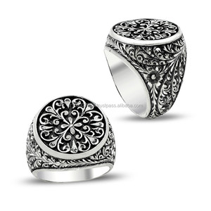 925K Sterling <b>Silver</b> Art Design Carved Turkish <b>Men</b> Round <b>Ring</b> Handmade - Product Image 1