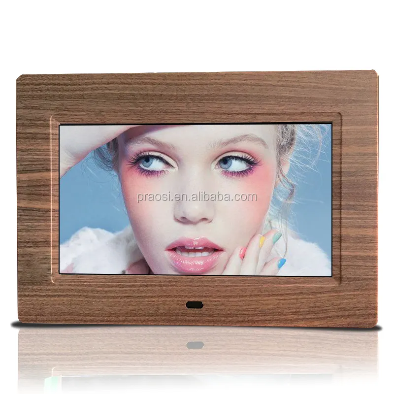 Reloj de inserción de diente azul con altavoz incorporado full HD para marco de fotos digital, soporte de pared de material de madera de 7"