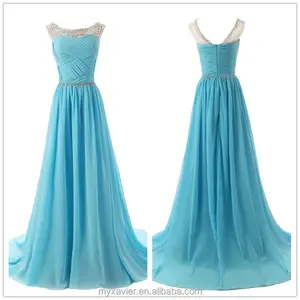 Vestidos largos de dama de honor con tirantes de cuentas azules, elegantes, con cintura adornada brillante, 2015