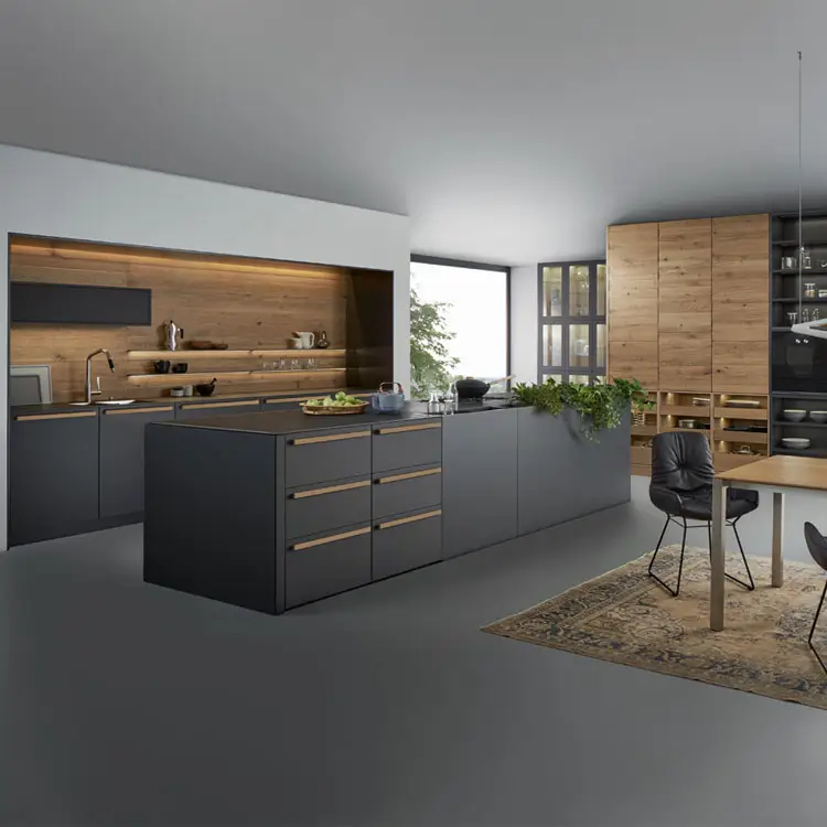 Design moderno dell'armadio da cucina in MDF con finitura laminata, design di mobili da cucina