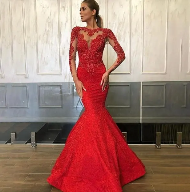 Vintage Long Sleeve Mermaid Luxury Beaded Red Evening Dress