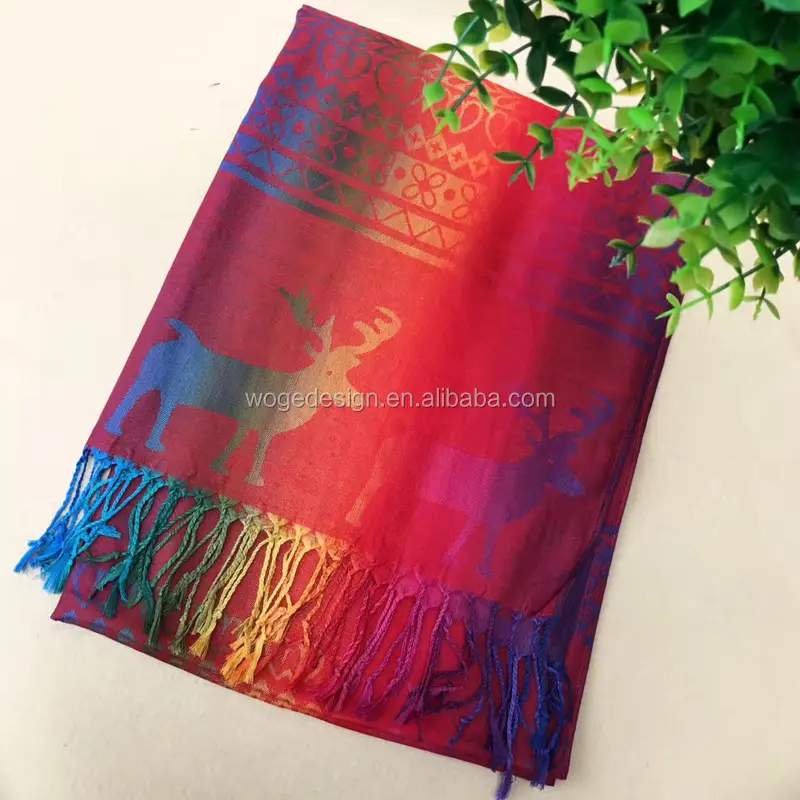 China B2B supplier cute scarf muffler dupatta jacquard snow deer wholesalers girls viscose rainbow pashmina shawl for Christmas
