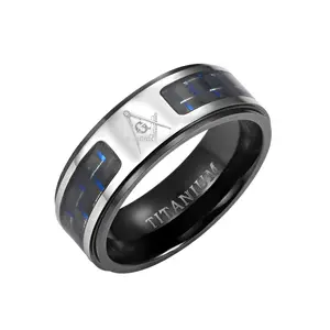 Masonic Man Titanium Masonic Ring with Latin Engraving and Blue Carbon Fiber