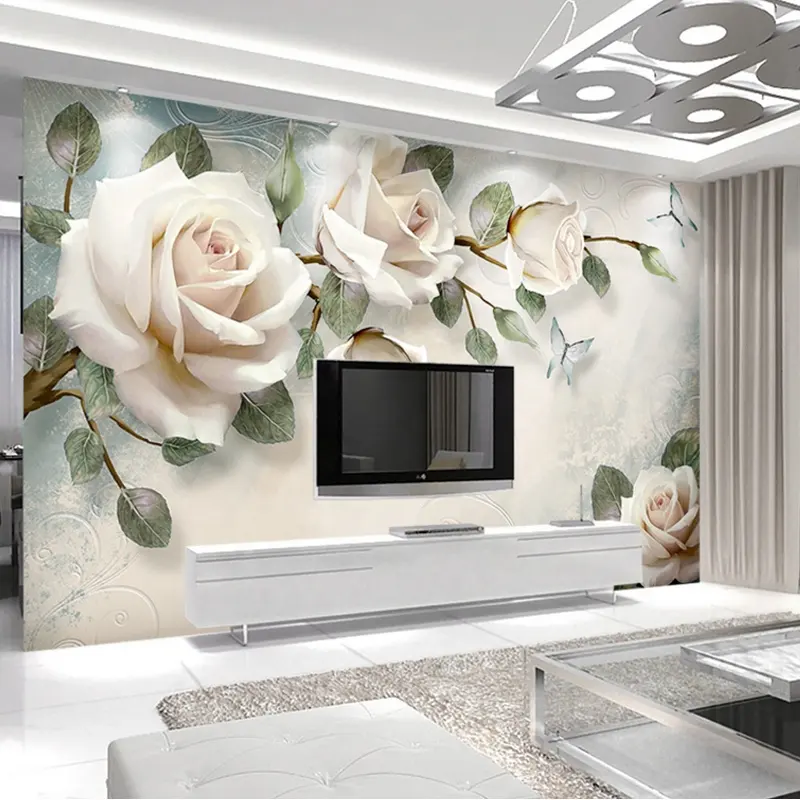 Wallpaper Dinding 3D Weiße Rose Blumen Wandbilder Romantische und warme Royal Wallpaper Design Wallpaper für Hotels