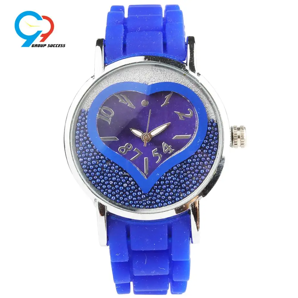 Silver case blue silicone strap watch heart shape dial Seiko movement wrist watch