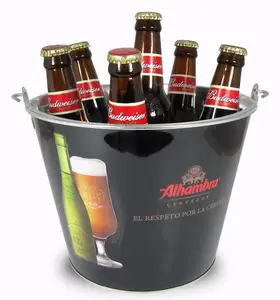 Amazon Custom Logo Voorraad 5L Ronde Gegalvaniseerd Metaal Ijsemmer Tin Emmer Voor 6 Flessen Bier Wijn Drankjes