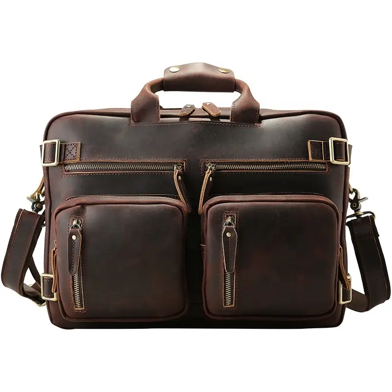 Vintage 15.6นิ้ว Mens Crazy Horse หนังกระเป๋าเป้สะพายหลังแล็ปท็อป Messenger กระเป๋าเอกสารขนาดใหญ่ Daypack