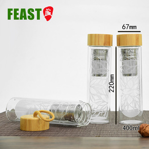 Botella de agua de vidrio para sublimación, tapa de bambú de borosilicato, doble pared, 400ml - Product Image 2