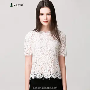 Ultime estate casuale allentato bianco di modo crochet camicetta di pizzo per le donne di mezza età