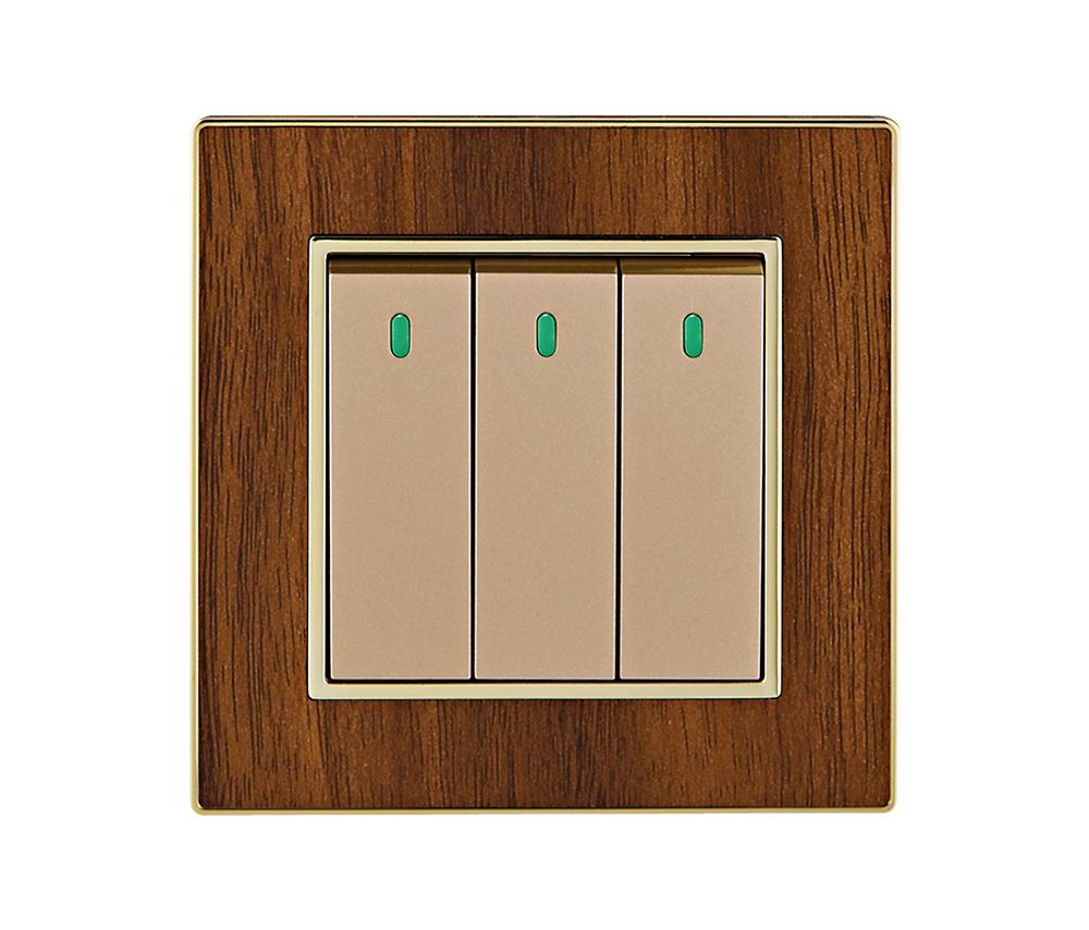 Type 86 UK Standard 3 Gang 1/2 Way Wall Push Button Light Switch Thick Solid Wood Grain Panel Sockets and Switches Electrical