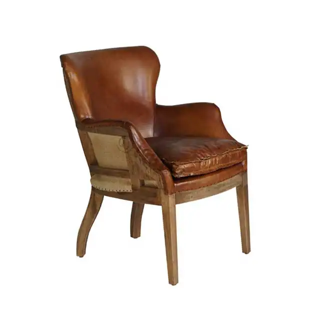 Orange Genuine leather livingroom wood frame armchair vintage style single seat top grain leather armchair
