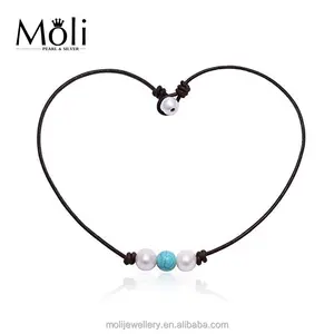 Retro Natural Style Black Leather Freshwater Pearl Turquoise Beads Pearl Choker Necklace
