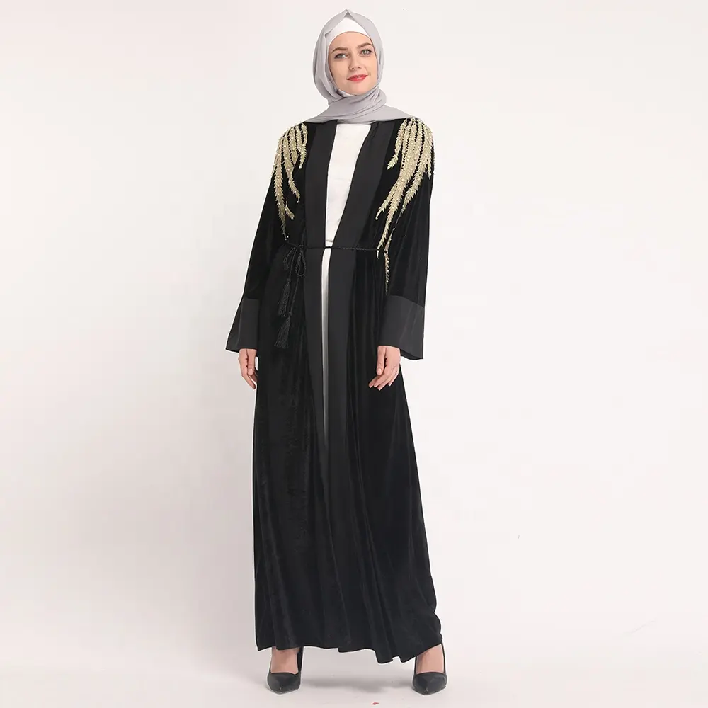 Baru Fashion Beludru dengan Renda dan Mutiara Islam Pakaian Muslim Wanita Buka Baju Gamis Cardigan