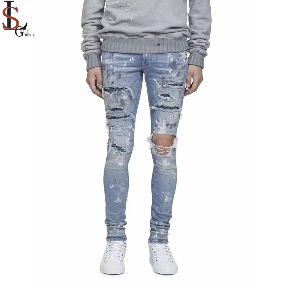 Jean slim déchiré avec des strass pour hommes, pantalon en denim, personnalisé, g-string, spray, vente en gros, 2019