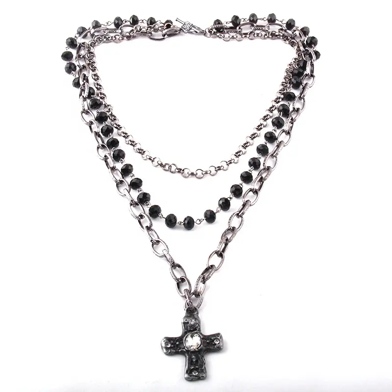 Round eye Disco Rock Choker Punk Necklace Multiple Black Crystal Glass Rosary Chain 3 Layer Cross Pendant Necklace