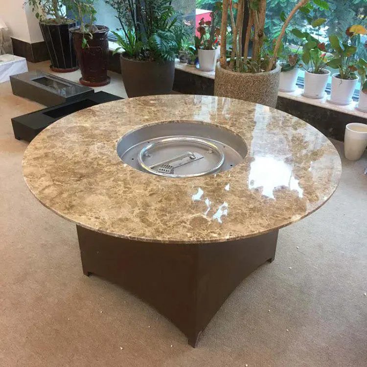 デザインテーブルスチール木製燃焼大理石トップ天然ガスモダンファイヤーピットガラス