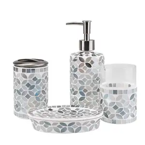 Ensemble de salle de bains en mosaïque, 4 pièces bleues et blanches, accessoires de distributeur de savon, Style moderne