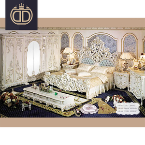 Cama doble tallada de tamaño king, mueble de dormitorio de madera maciza, estilo clásico y francés, Blanco antiguo - Product Image 1